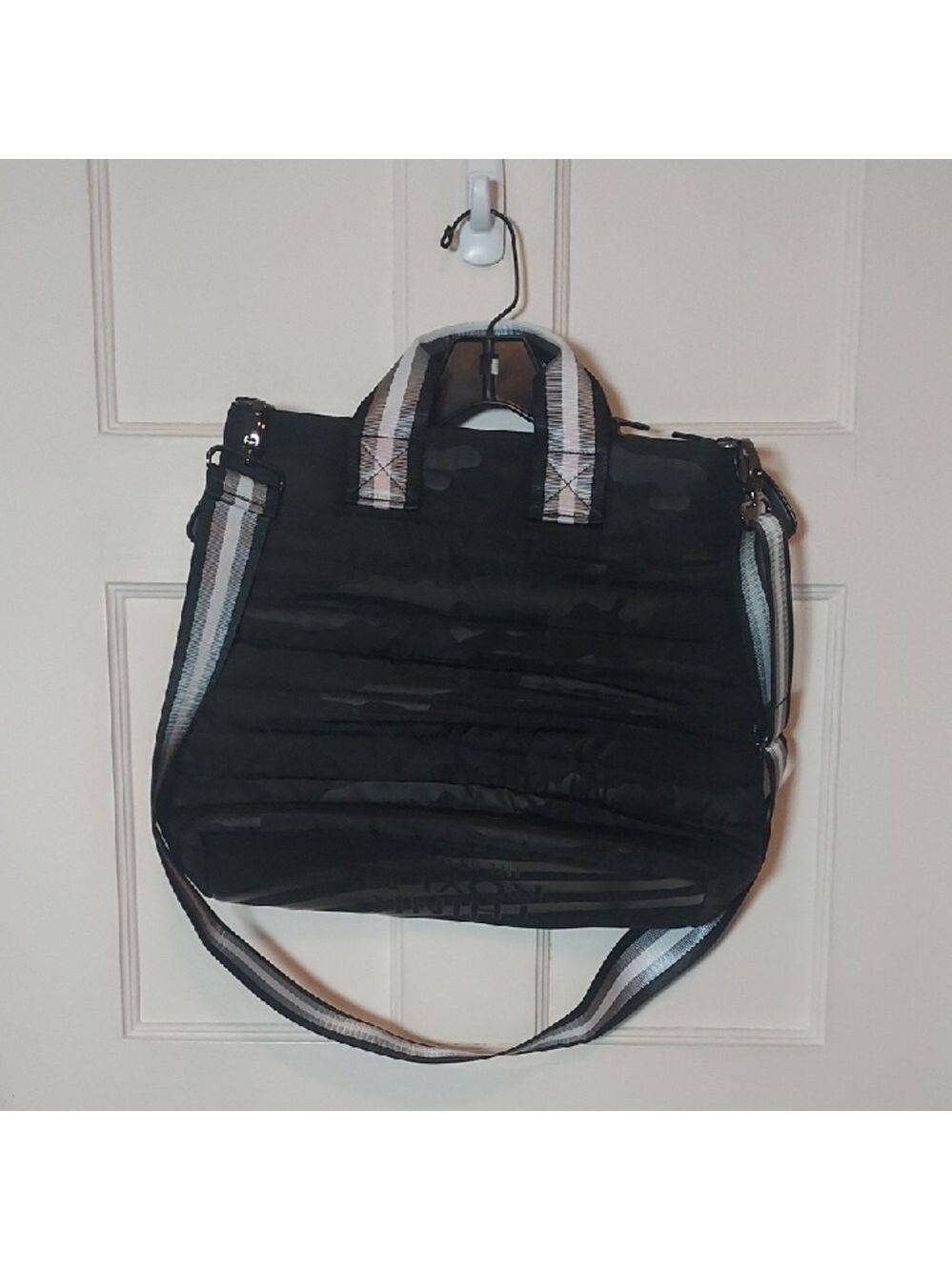 Think Royln Black Quilted Camo Tote Crossbody Bag